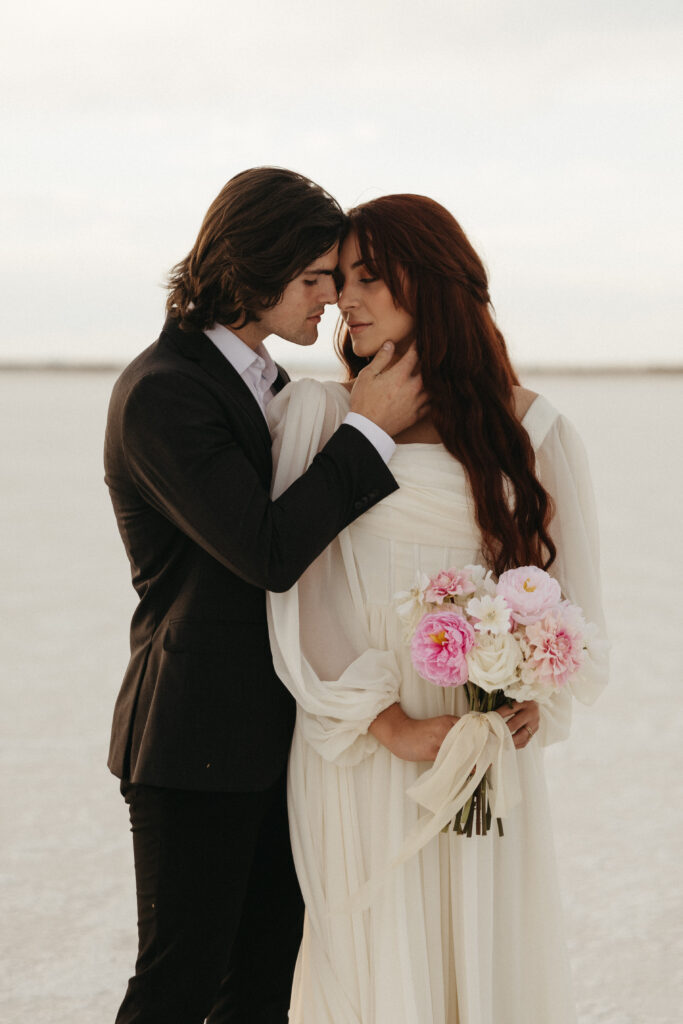 Romantic wedding photography at Bonneville Salt Flats in Utah.