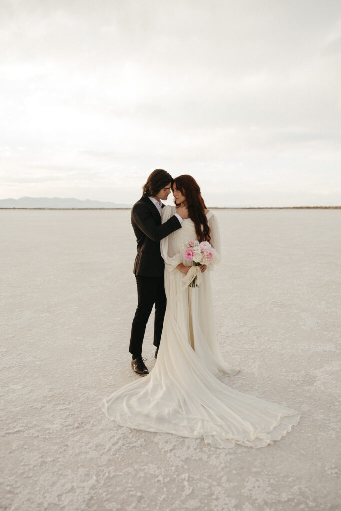 Wedding photos at Bonneville Salt Flats in Utah.