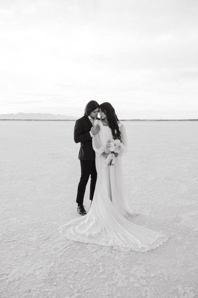 Black and white wedding photography at Bonneville Salt Flats in Utah.