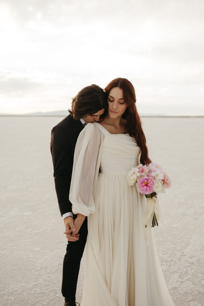 Romantic wedding photography at Bonneville Salt Flats in Utah.