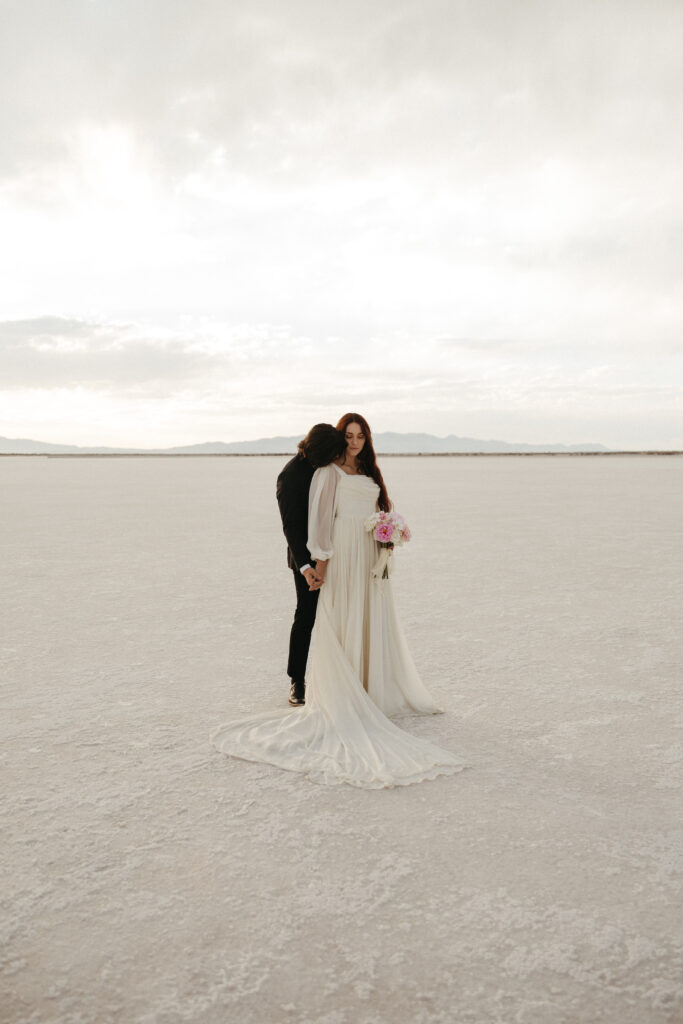 Romantic wedding photography at Bonneville Salt Flats in Utah.