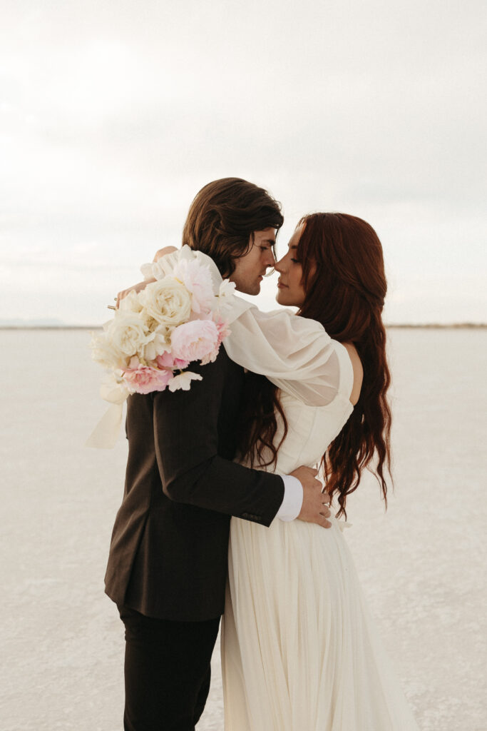 Romantic wedding photography at Bonneville Salt Flats in Utah.