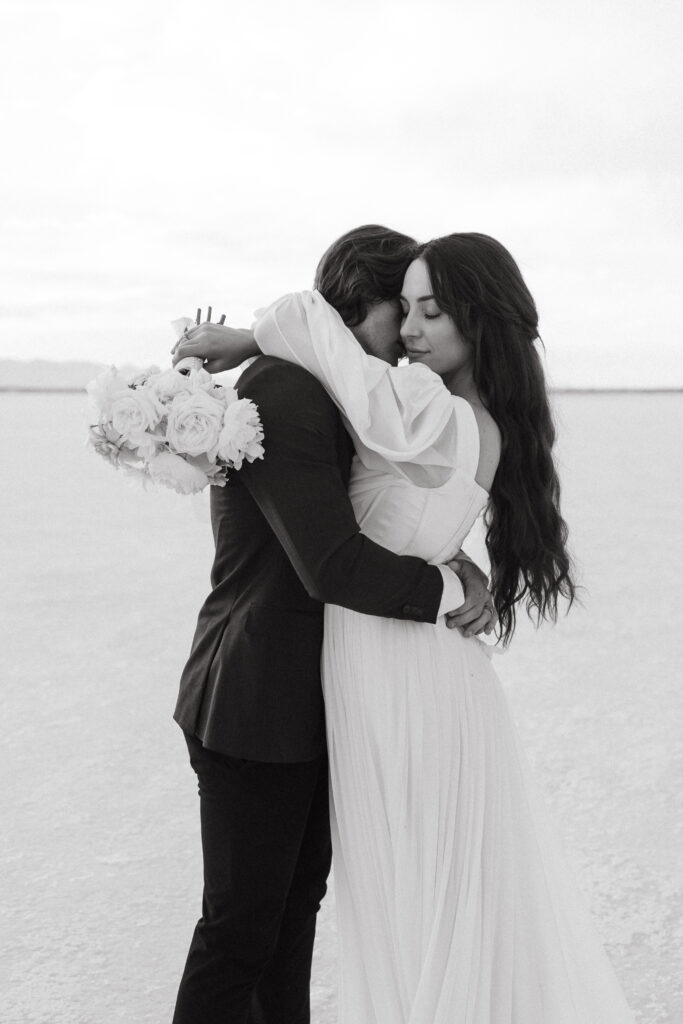 Romantic wedding photography at Bonneville Salt Flats in Utah.