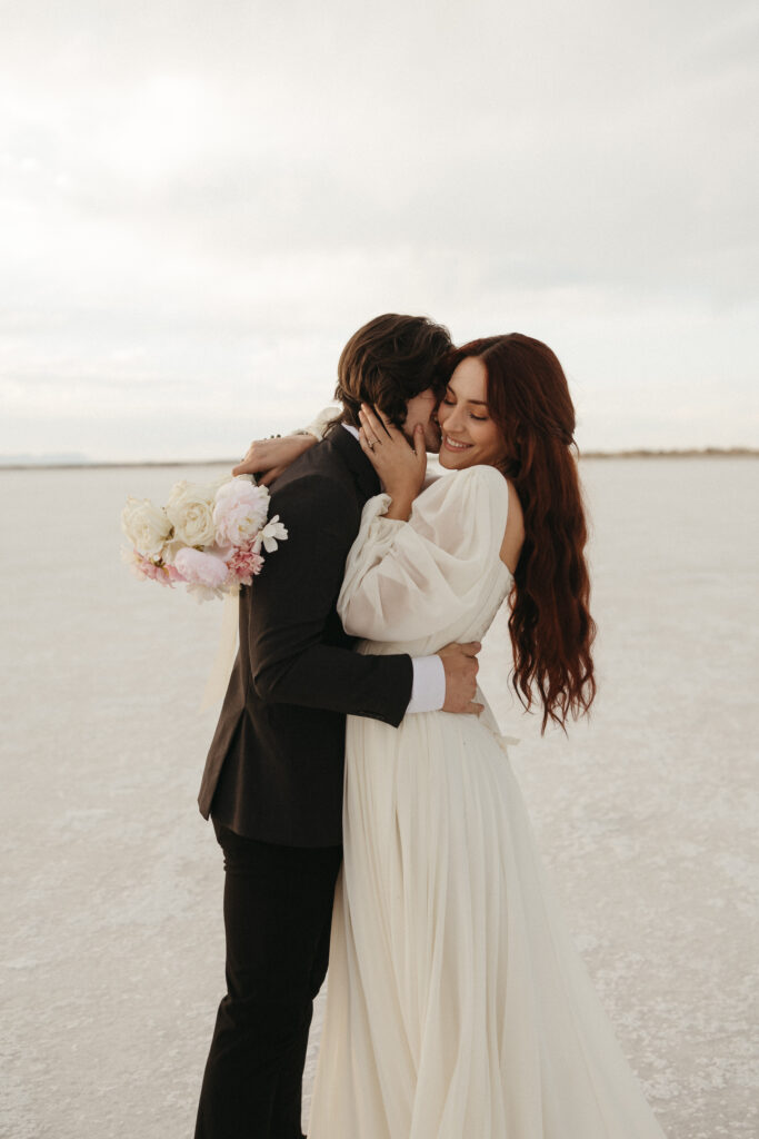 Romantic wedding photography at Bonneville Salt Flats in Utah.