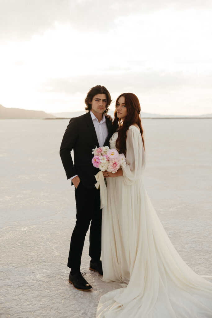 Couple elopes at Bonneville Salt Flats in Utah.