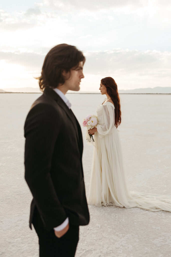 Editorial wedding photography at Bonneville Salt Flats in Utah.