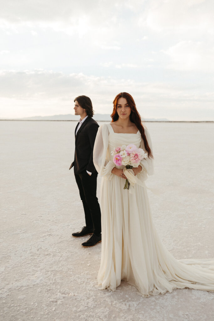 Editorial wedding photography at Bonneville Salt Flats in Utah.