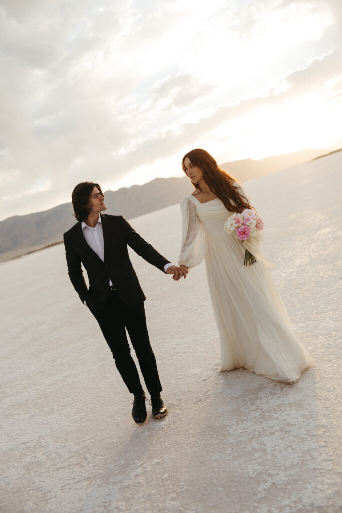 Editorial wedding photography at Bonneville Salt Flats in Utah.