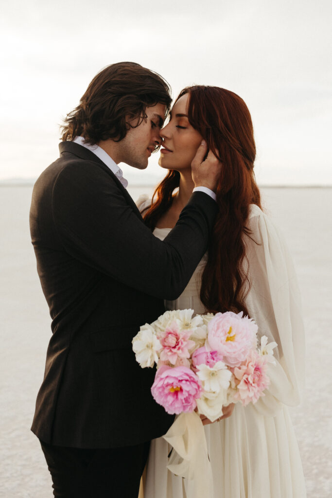 Bride and groom elope at Bonneville Salt Flats in Utah.
