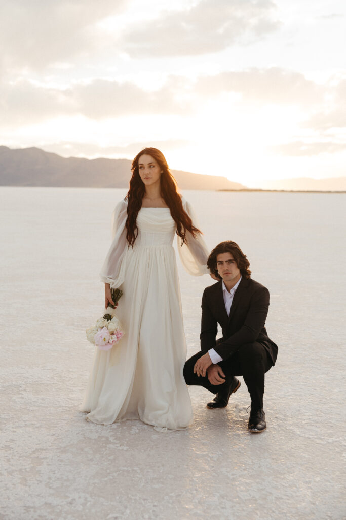 Editorial bride and groom wedding photography at Bonneville Salt Flats in Utah.