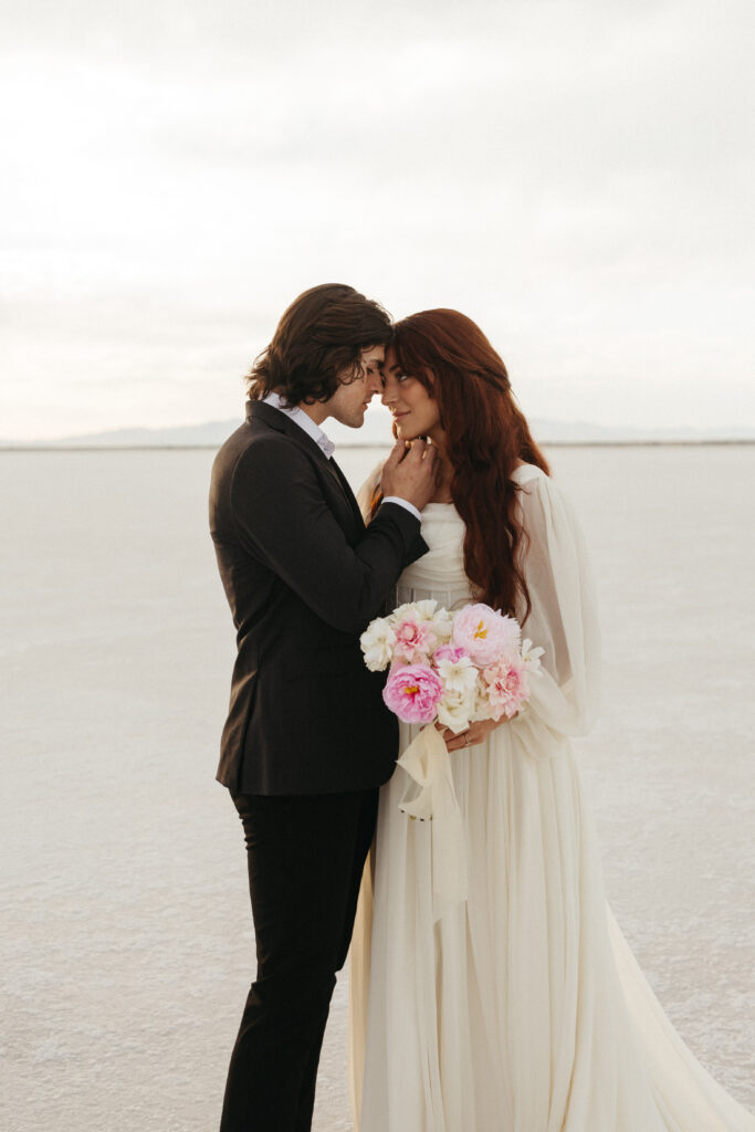 Sunset elopement at Bonneville Salt Flats in Utah.