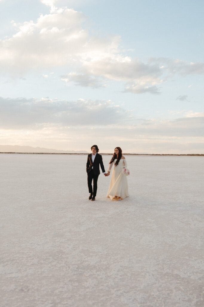 Editorial bride and groom wedding photography at Bonneville Salt Flats in Utah.