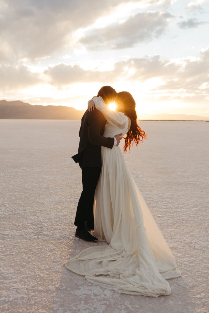 Romantic golden hour wedding photography photography at Bonneville Salt Flats in Utah.