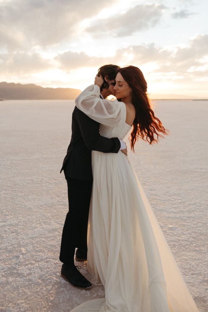 Romantic golden hour wedding photography photography at Bonneville Salt Flats in Utah.