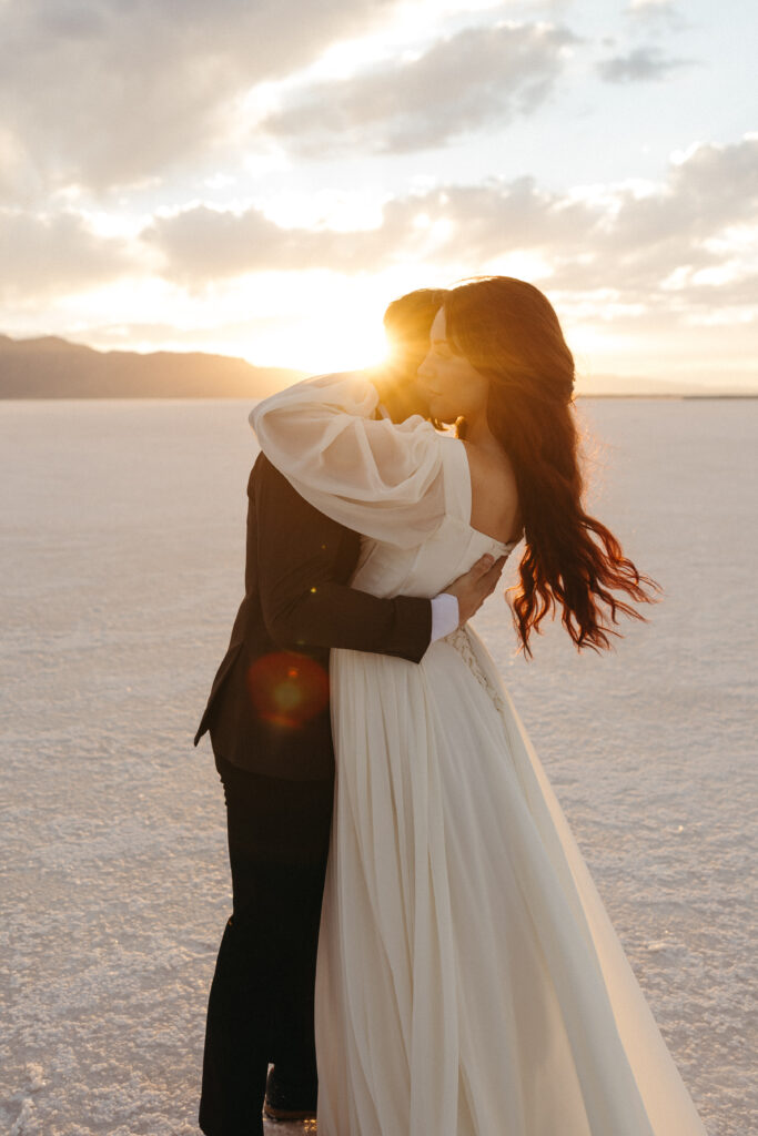 Romantic golden hour wedding photography photography at Bonneville Salt Flats in Utah.