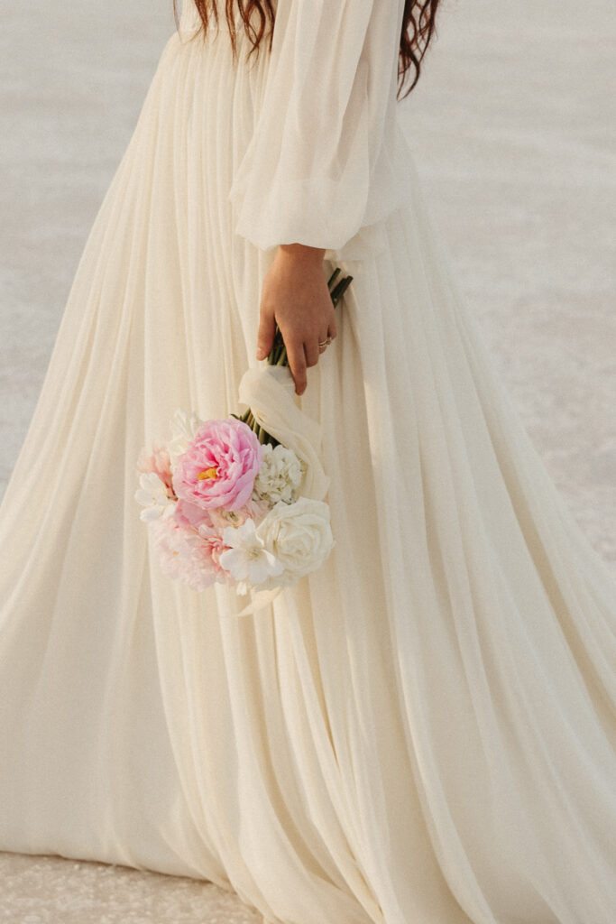 Wedding bouquet at Salt Flats elopement in Utah.