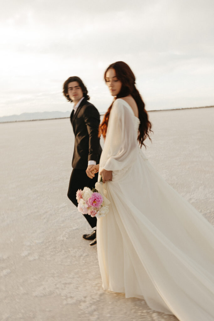 Wedding photos at Bonneville Salt Flats in Utah.