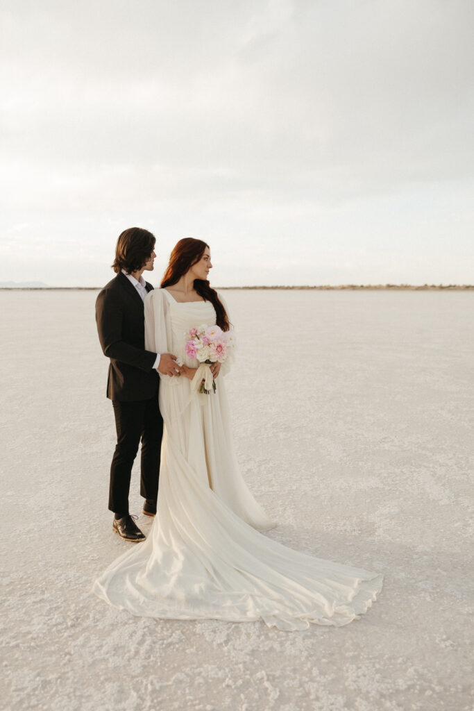 Wedding photos at Bonneville Salt Flats in Utah.