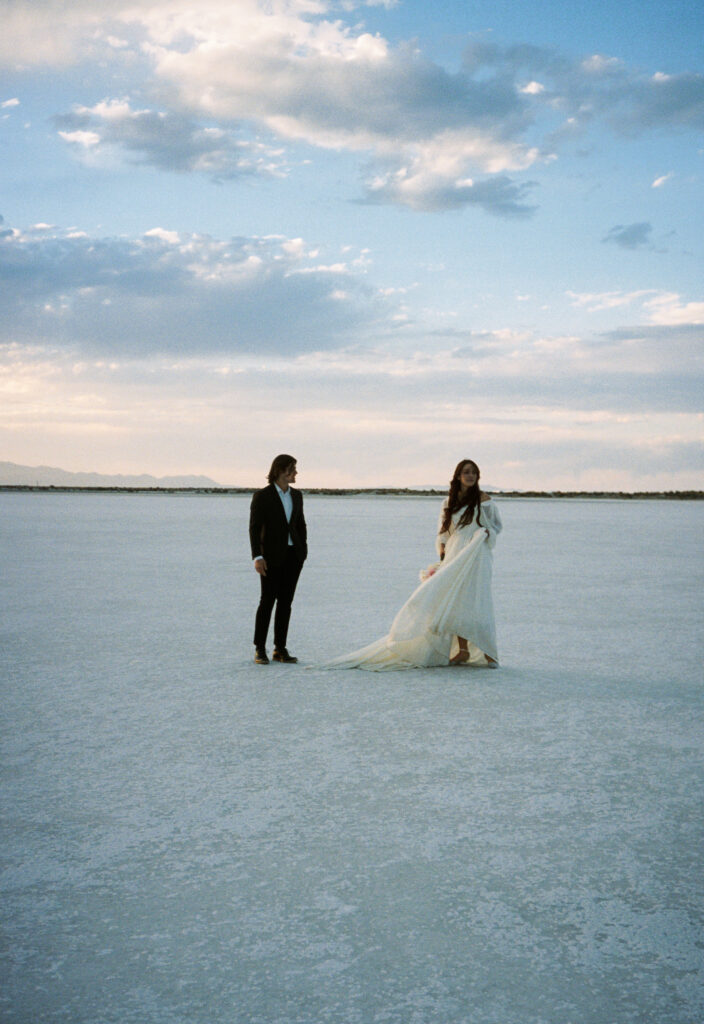 Film photography of bride and groom during elopement at Bonneville Salt Flats in Utah.