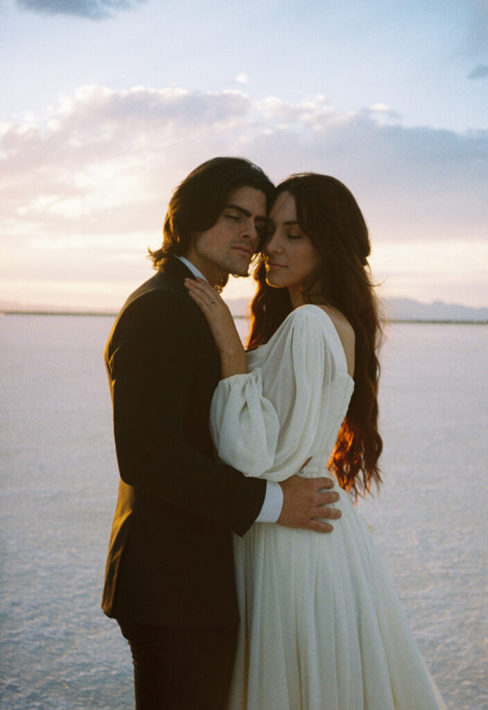 Film photography of bride and groom during elopement at Bonneville Salt Flats in Utah.